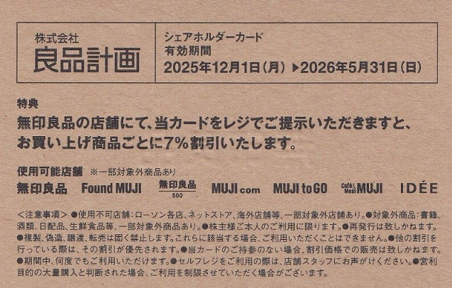 良品計画(無印良品) 株主優待券 7%割引カード